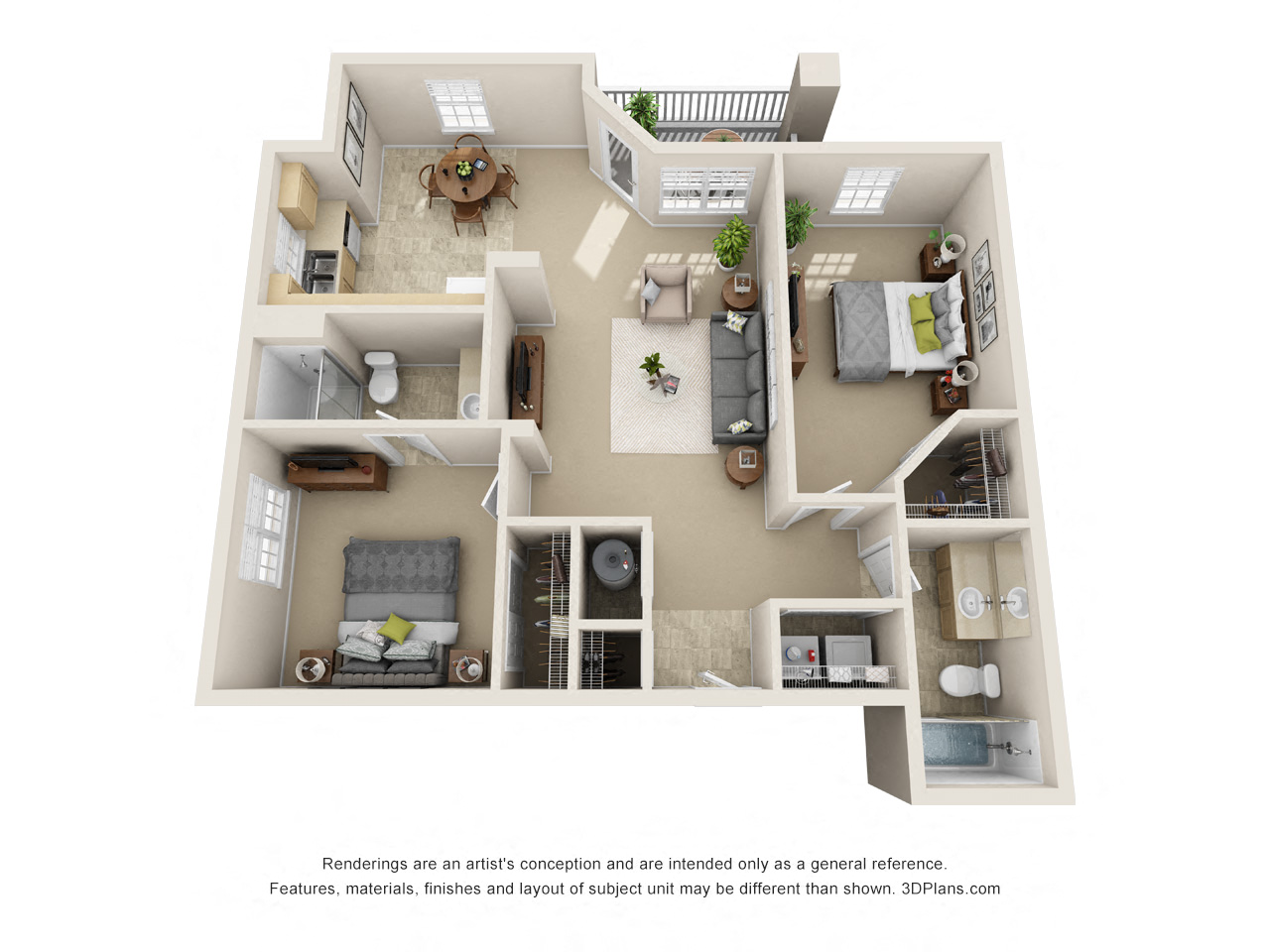 Floor plan for 2 beds, 2 baths, 1056 sqft